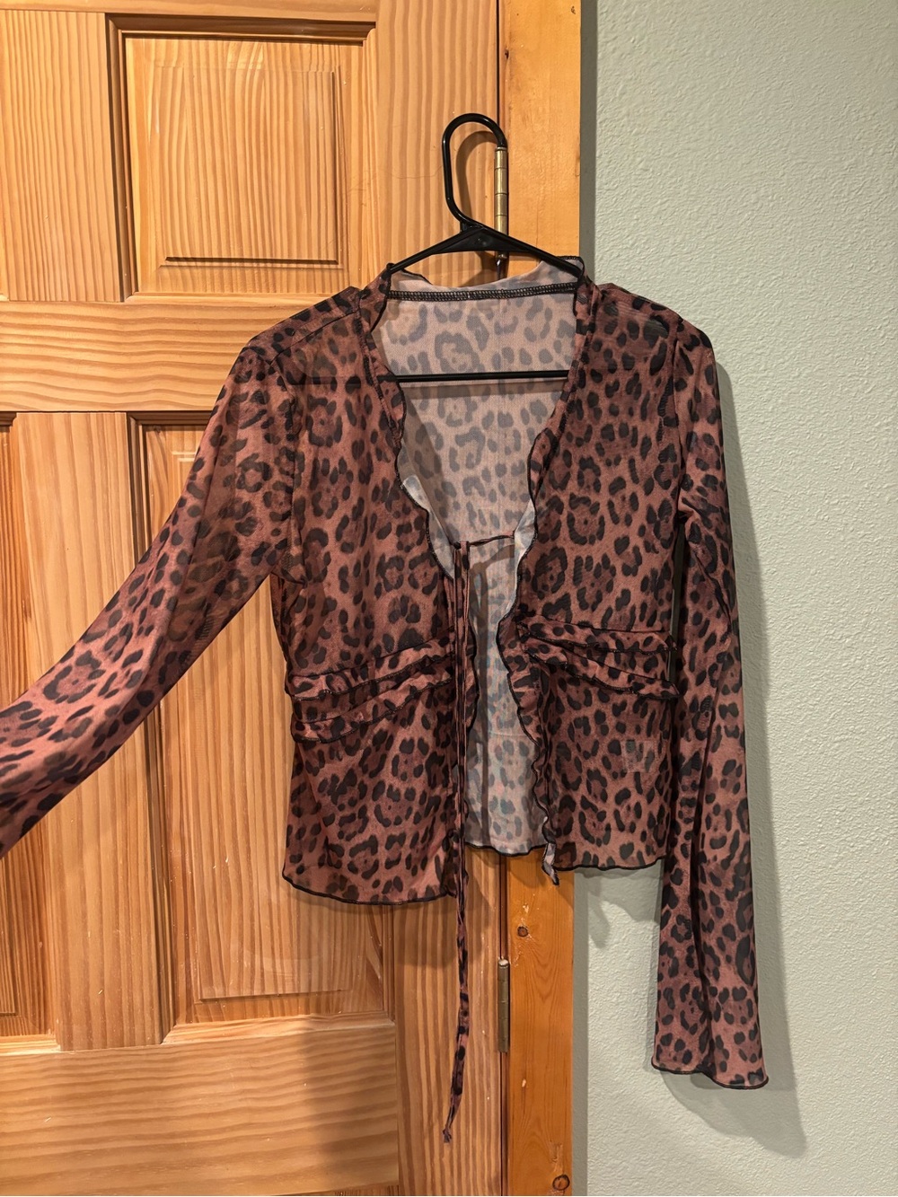 Leopard Print Sheer Tie-Front Women's Top - Brown